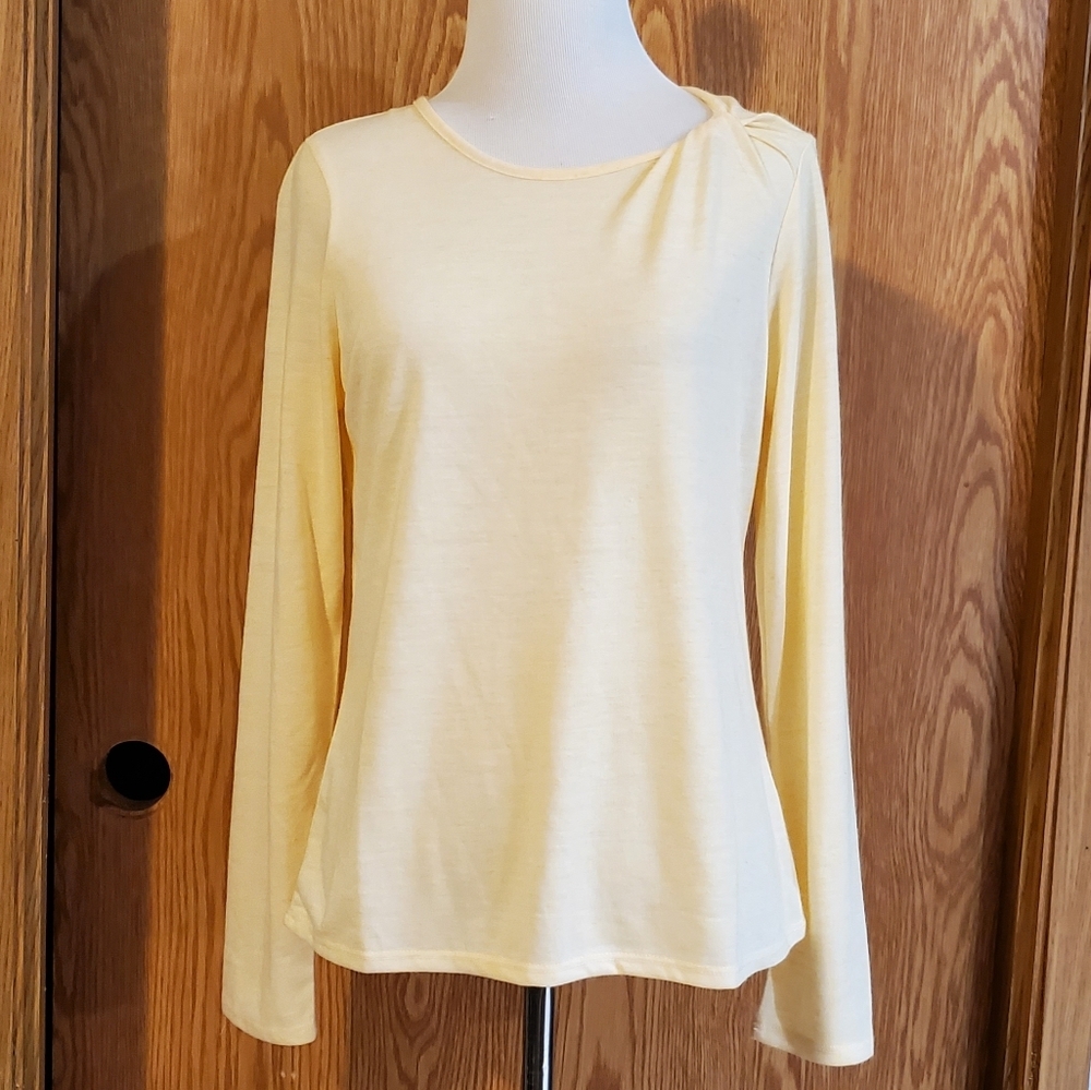 Jeanne Pierre long sleeve twisted shoulder top yellow polyester linen size S